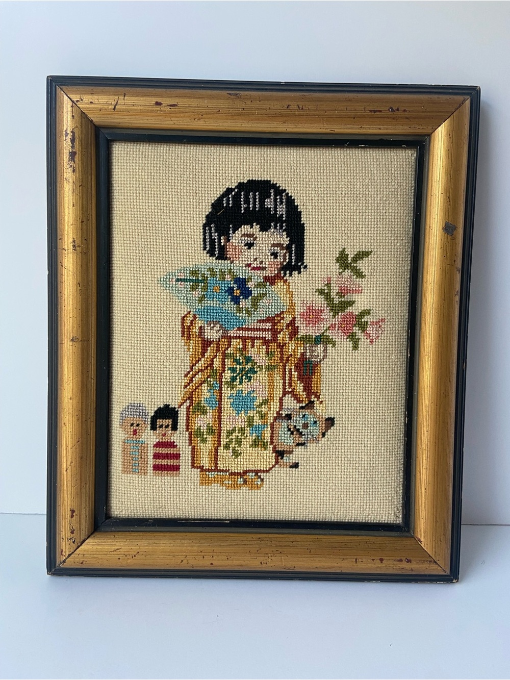 Geisha Girl With Cat Vintage Framed Needlepoint Art In Gold Frame 13x11